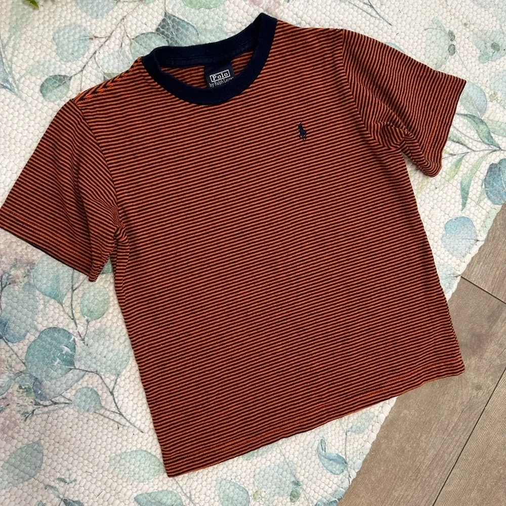 Rare Vintage Polo Ralph Lauren Little Boys Orange and Navy Striped Tee Size 5